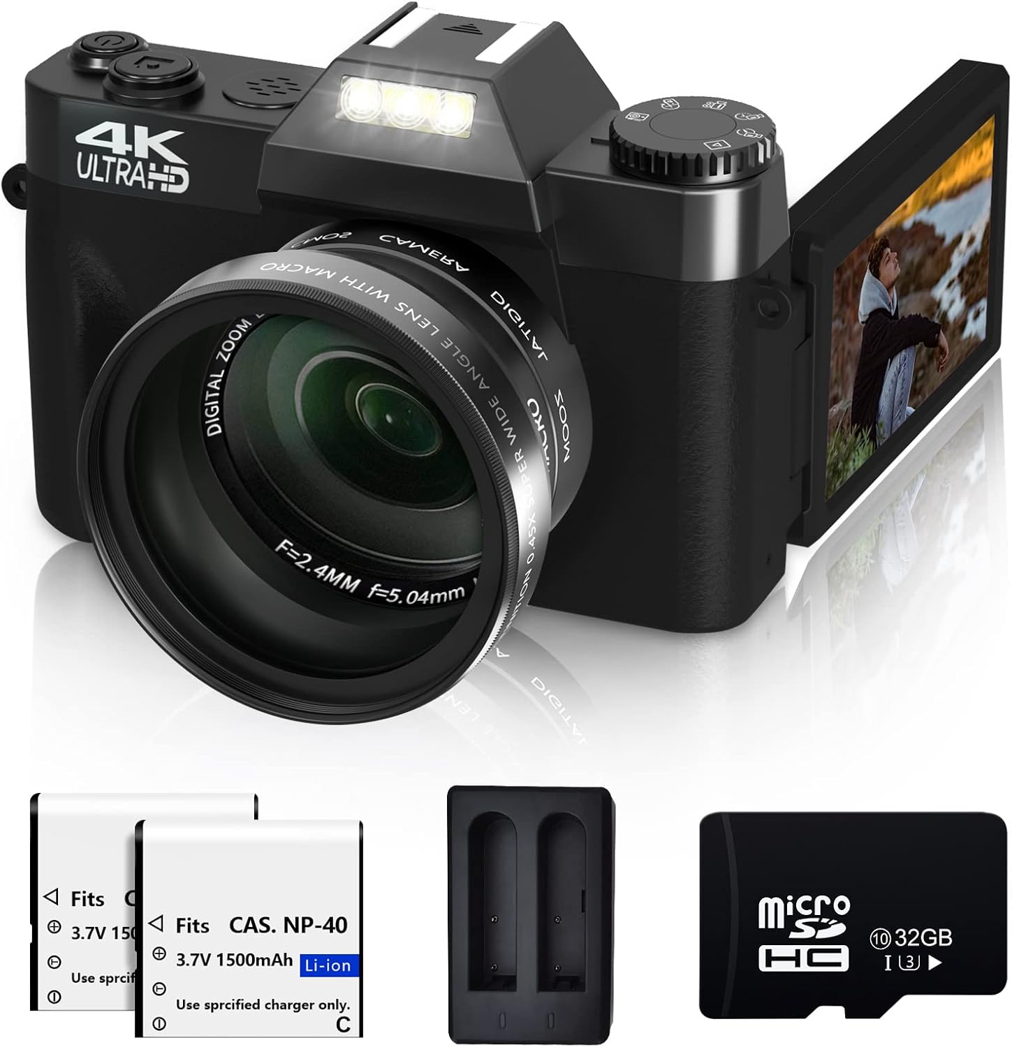 VJIANGER 4K Digital Camera 48MP Pixel Autofocus Vlogging Camera 3.0 IPS 30FPS Flip Screen 16X Digital Zoom Fixed Camera Lenses for Photography on YouTube with 32GB SD Card, 2 Batteries (Black)