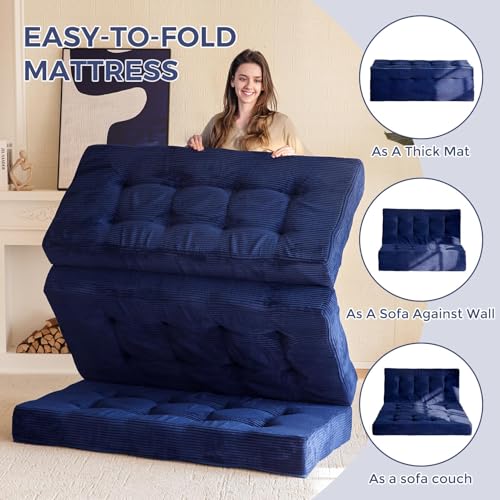 MAXYOYO Tri-Fold Mattress, 6 Inch Tufted Folding Mattress Full Foam Bed, Foldable Floor Mattress Guest Bed Mattress Topper Portable Camping Sleeping Bed with Corded Fabric, Black, 53"x75"