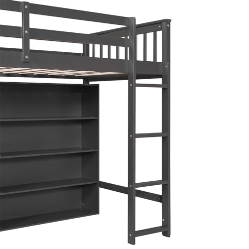Modern Full Size Loft Bed with Cabinet and Bookshelf, Wood Loft Bed Frame with Built-in Desk and Wardrobe for Kids Teens Adults, Maximize Space (White-7.22)