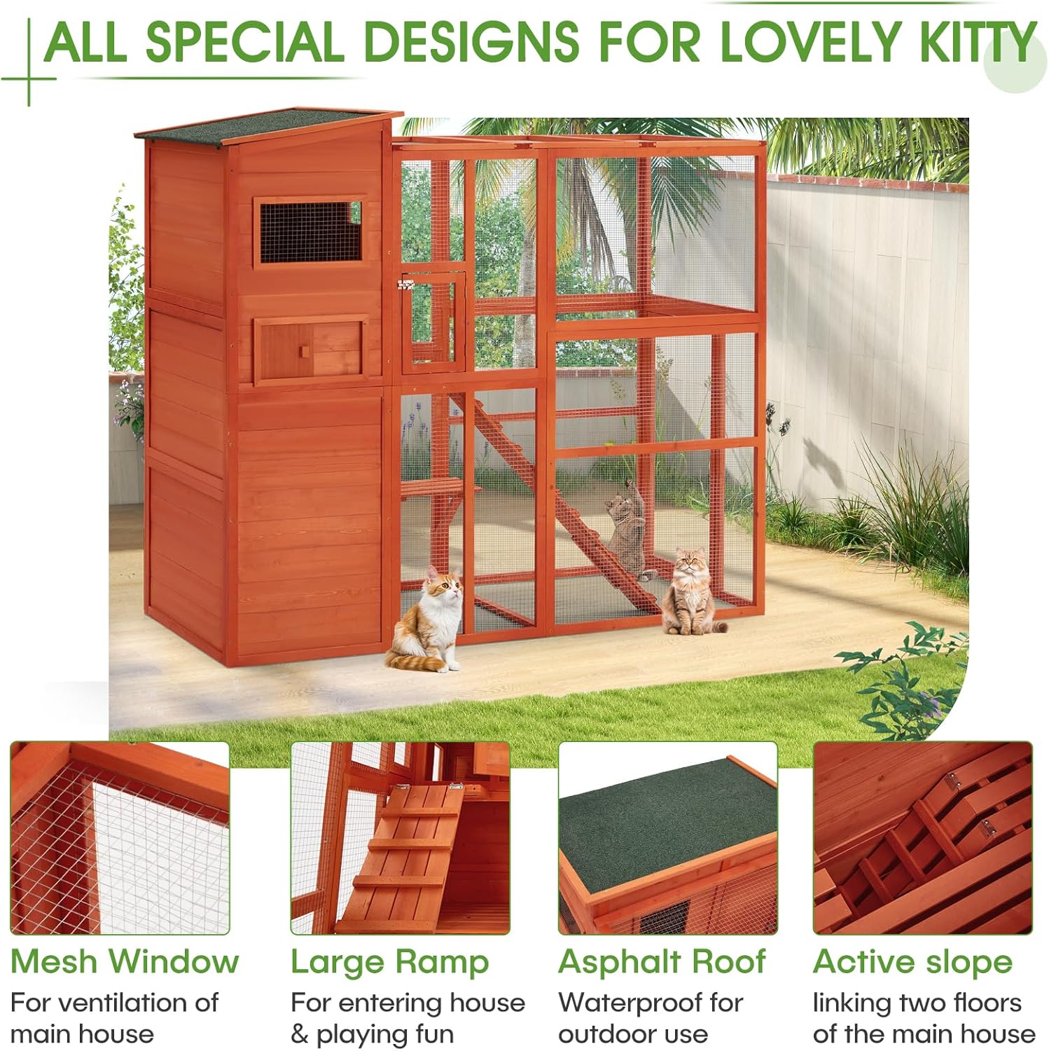 Esright Cat Catio Large Cat House，Outdoor Cat Enclosure Wooden Walk in Cat Cage for Window Kitty Cage Condo with Platform and 4 Resting Rooms