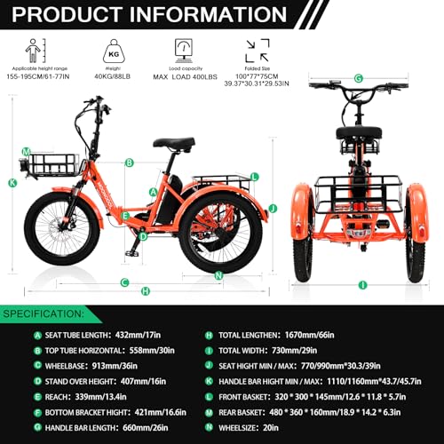 ABORON Electric Tricycle for Adults, Aluminum 20" E-Trike, 500W Power 48V 14.5Ah Lithium Battery UL Certified, Front Suspension 3 Wheels Ebike, Front Basket