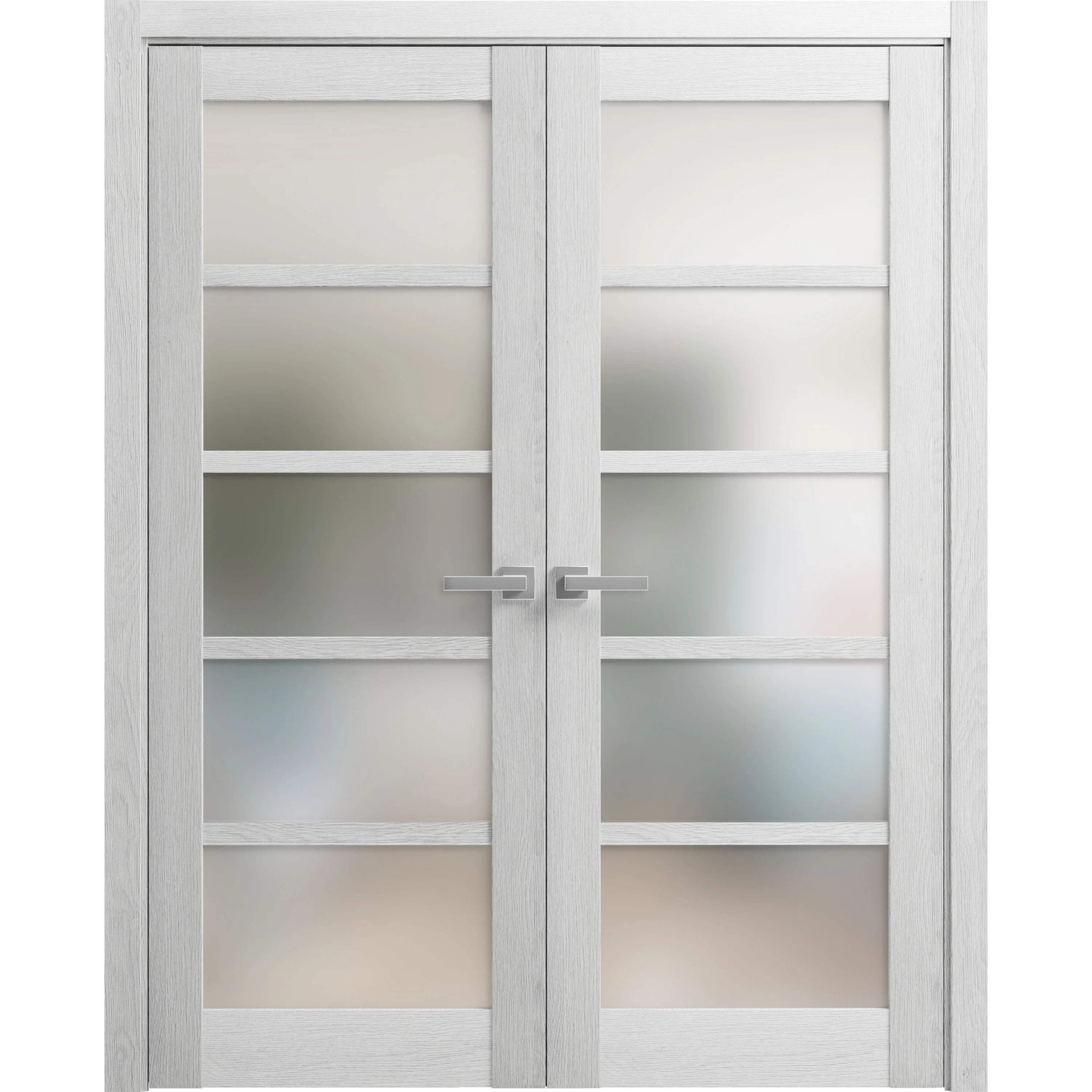 Solid French Double Doors 36 x 80 inches | Quadro 4002 Light Grey Oak with Frosted Glass | Wood Solid Panel Frame Trims | Closet Bedroom Sturdy Doors