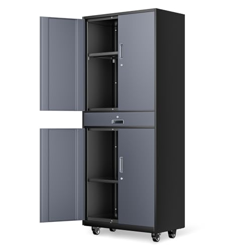 DNA MOTORING 71'' Metal Storage Cabinet, Locking Tool Cabinet with 1 Drawer and Adjustable Shelves, Lockable Heavy Duty Metal Locker for Garage,Office,Home,Gym, Gray, TOOLS-00629-GY-GY-A