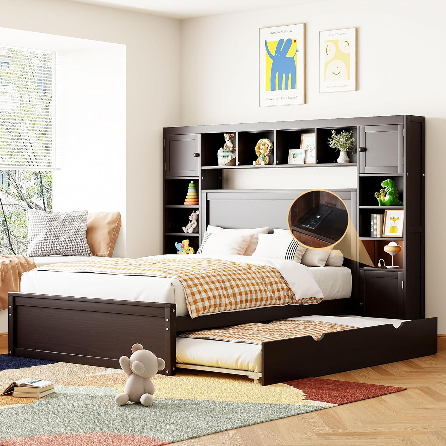 Full Storage Bed with Bookcase Headboard, Wood Full Size Platform Bed with Trundle and 2 Storage Drawers, Full Bed Frame with Cabinet and Shelf, No Box Spring Needed,Espresso