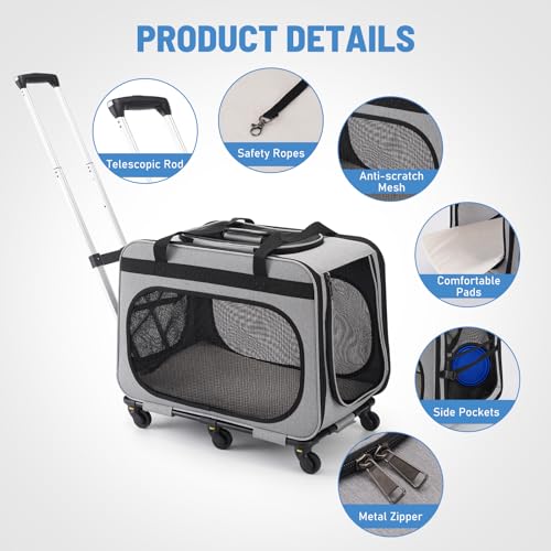 Extra Large Double Pet Carrier with Wheels for Small Dogs and All-Breed Cats, Cat Rolling Carrier for 2 Cats, Support up to 40 Lbs, Grey