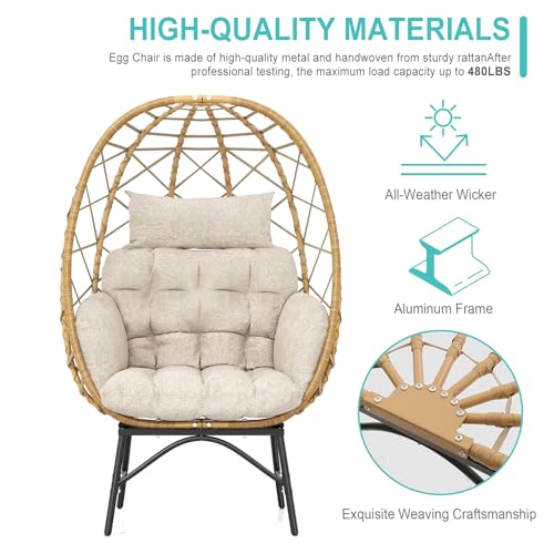 SWITTE Wicker Egg Chair Outdoor Indoor, Oversized Rattan Patio Lounge Chairs with Cushion for Backyard, Living Room, Steel Frame, 480lb Capacity-Cream