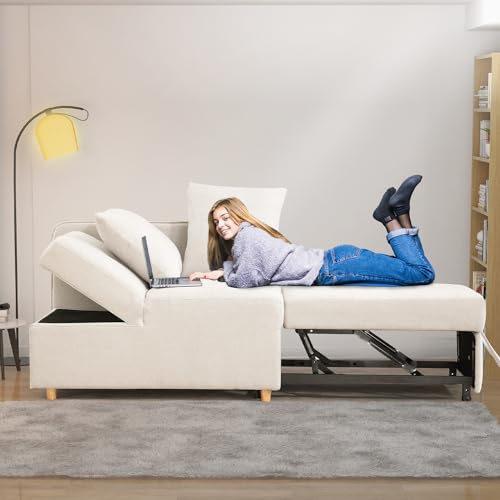 3-in-1 Sleeper Sofa Chair Bed,3-Seat Linen Fabric Loveseat Sofa,Convertible Sofa Bed with 2 Throw Pillows for Living Room,Apartment Small Space (Beige)