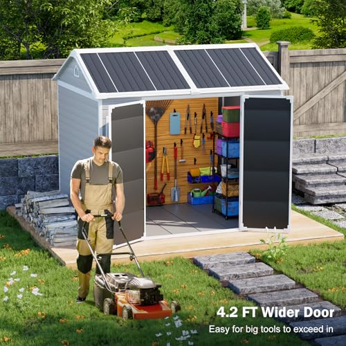 Outdoor Resin Storage Shed 8x4x6 FT Lean to Shed with Floor Included 2 Windows Lockable Door,Waterproof Outside Plastic Sheds for Backyard Garden Patio Lawn Tools