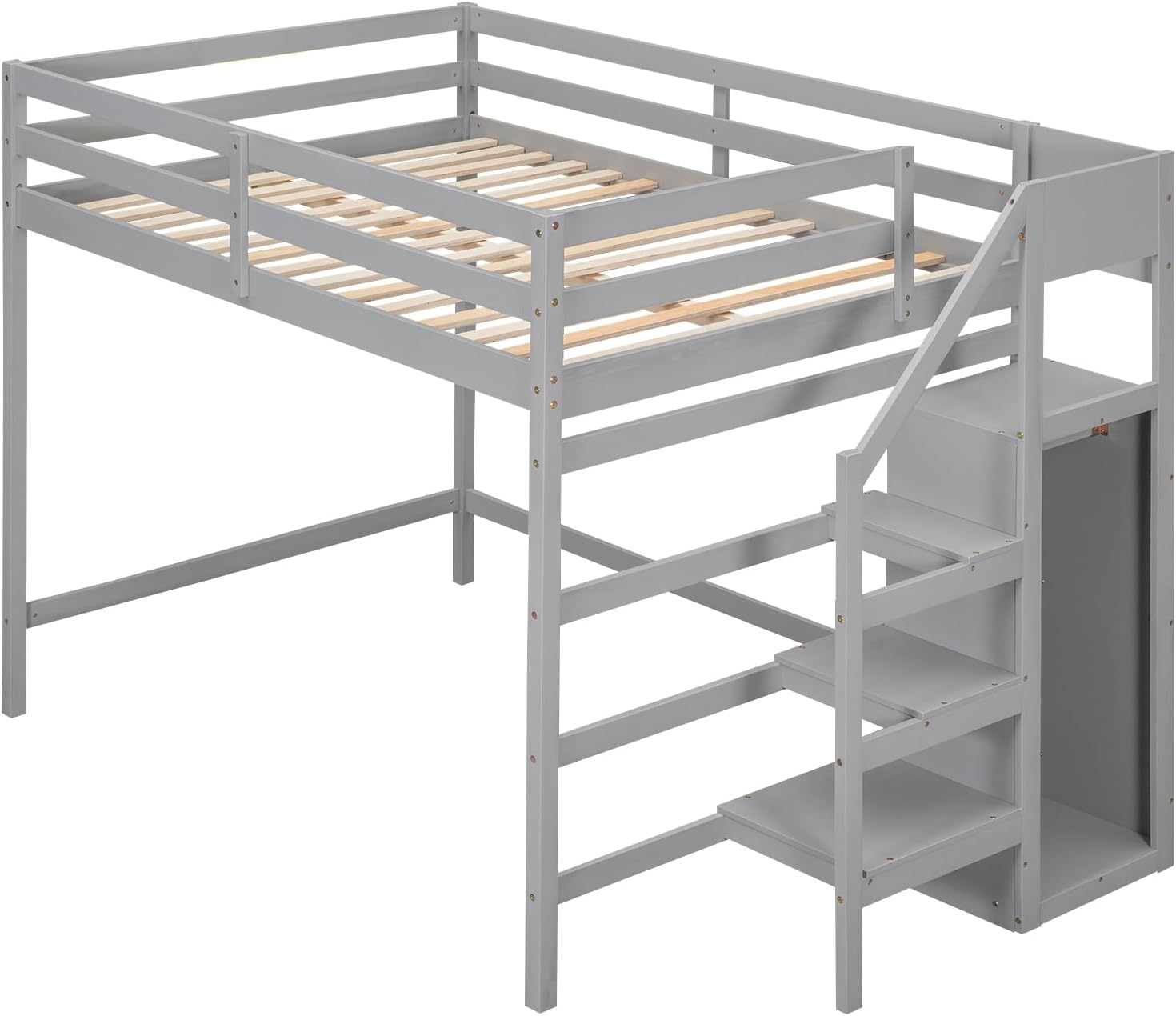 Bellemave Full Size Loft Bed with Storage Staircase and Wardrobe for Clothes,Wood Loft Bed Frame with Stairs for Teens,Kids,Space Saving(Gray)