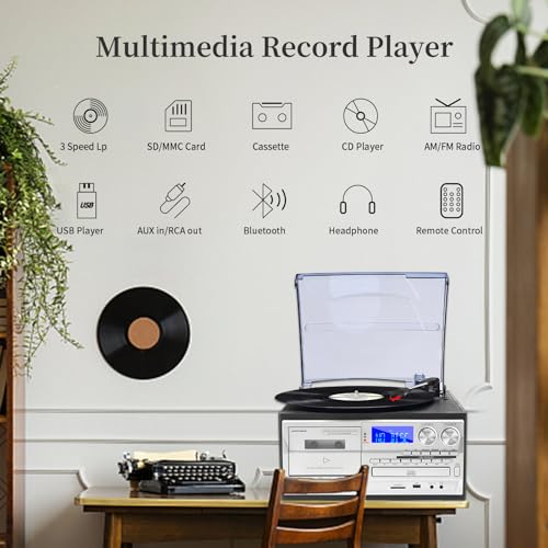 9 in 1 Record Player with External Speakers,3 Speed Bluetooth Turntable Vinyl Player with CD/Cassette Play,AM/FM Radio, USB SD/MMC Play, Aux-in/RCA Line Out