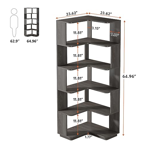 65-Inch Tall Corner Bookshelf, 6-Tier Industrial Corner Bookcase with Side Panels, Freestanding Wood Grain Corner Shelf Display Rack for Home Office, Living Room