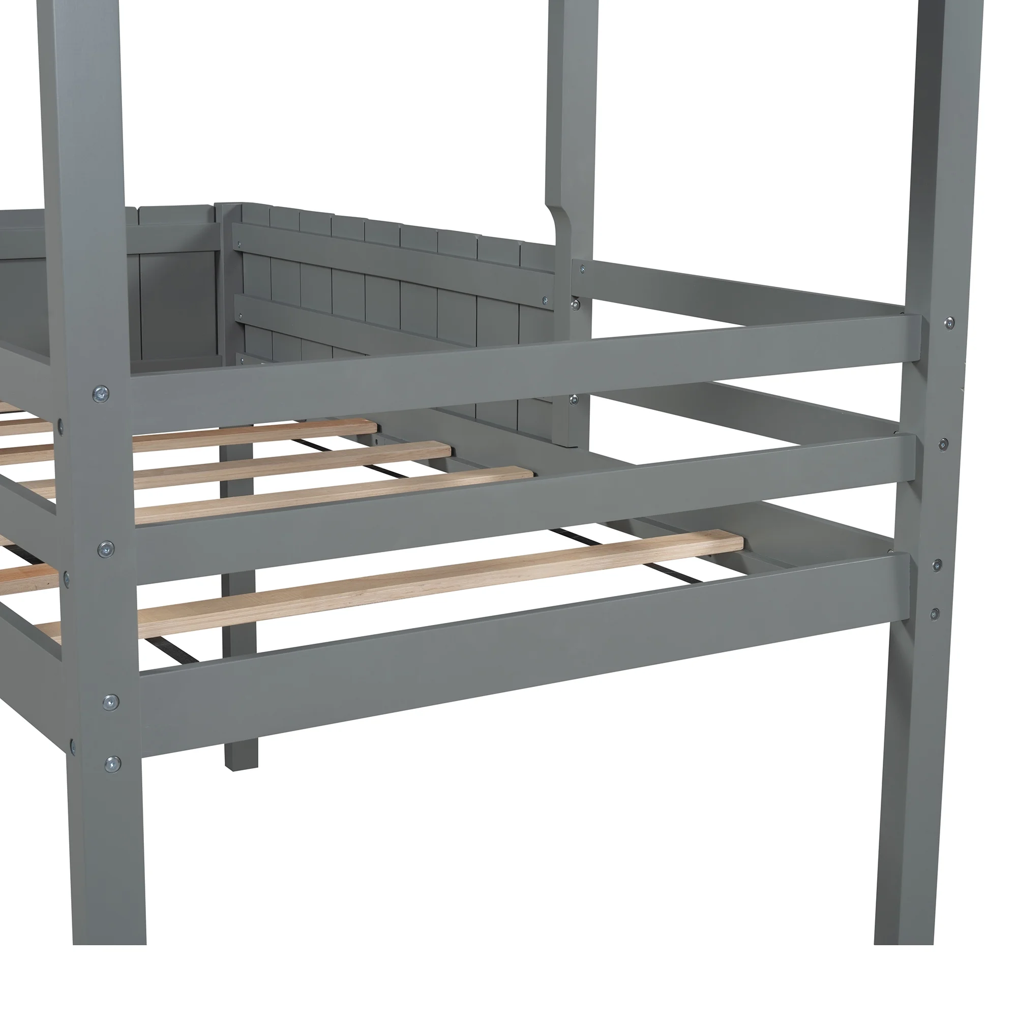 Gray Twin Size Wood House Loft Bed with Roof, Guardrail, Ladder