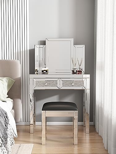 Mirrored Vanity Dressing Table Set Mirrored Makeup Desk Luxury Silver Stool Padded Beach Glass Console Table Modern Table with 2 Drawer Storage