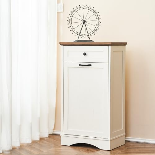 AHB 13 Gallons Tilt Out Trash Cabinet Free Standing Kitchen Trash Cabinet Recycling Garbage Cabinet with Hideaway Drawer Pet Proof Trash Can Holder for Kitchen Living Room, White