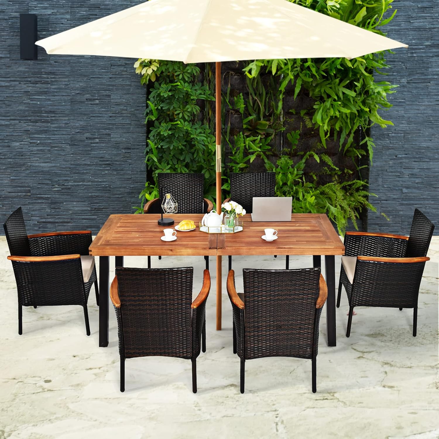 Tangkula 7 Pieces Patio Dining Set, Patiojoy Outdoor Conversation Set w/Acacia Wood Top Table & 6 Stackable Rattan Chairs, Wicker Dining Furniture w/Umbrella Hole, Steel Frame, Sponge Seat Cushions