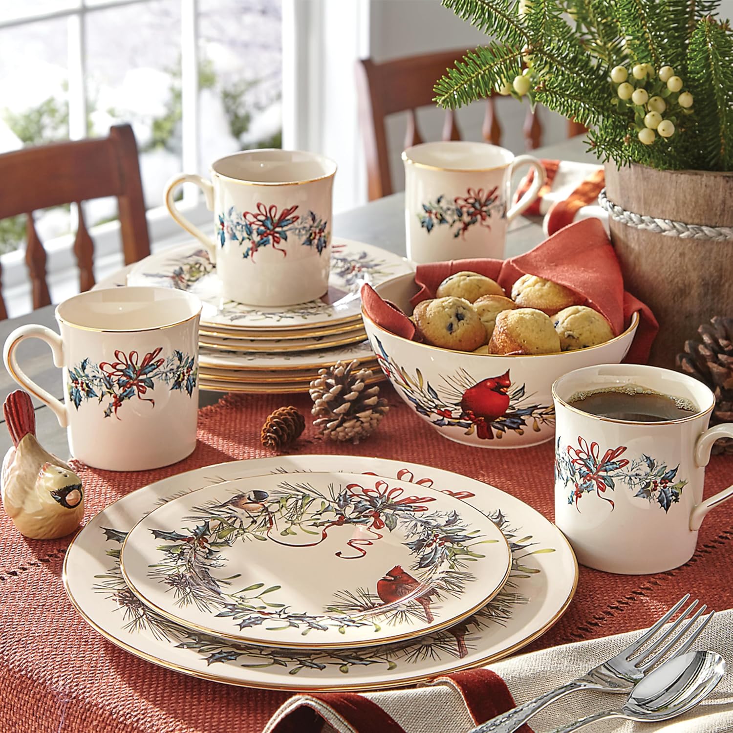 Lenox 6122055 Winter Greetings 12-Piece Dinnerware Set, red & green