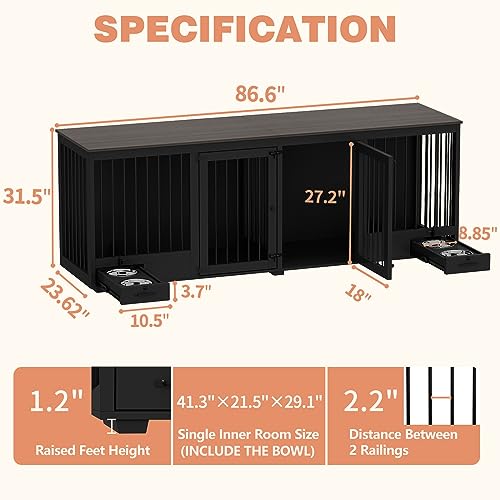 Furniture Style Large Dog Crate for 2 Dogs, 86.6" Heavy Duty Wooden Dog Kennel with Dog Bowl Drawers & Divider, Indoor Furniture Style Dog Kennel for Large Medium Dogs, Black