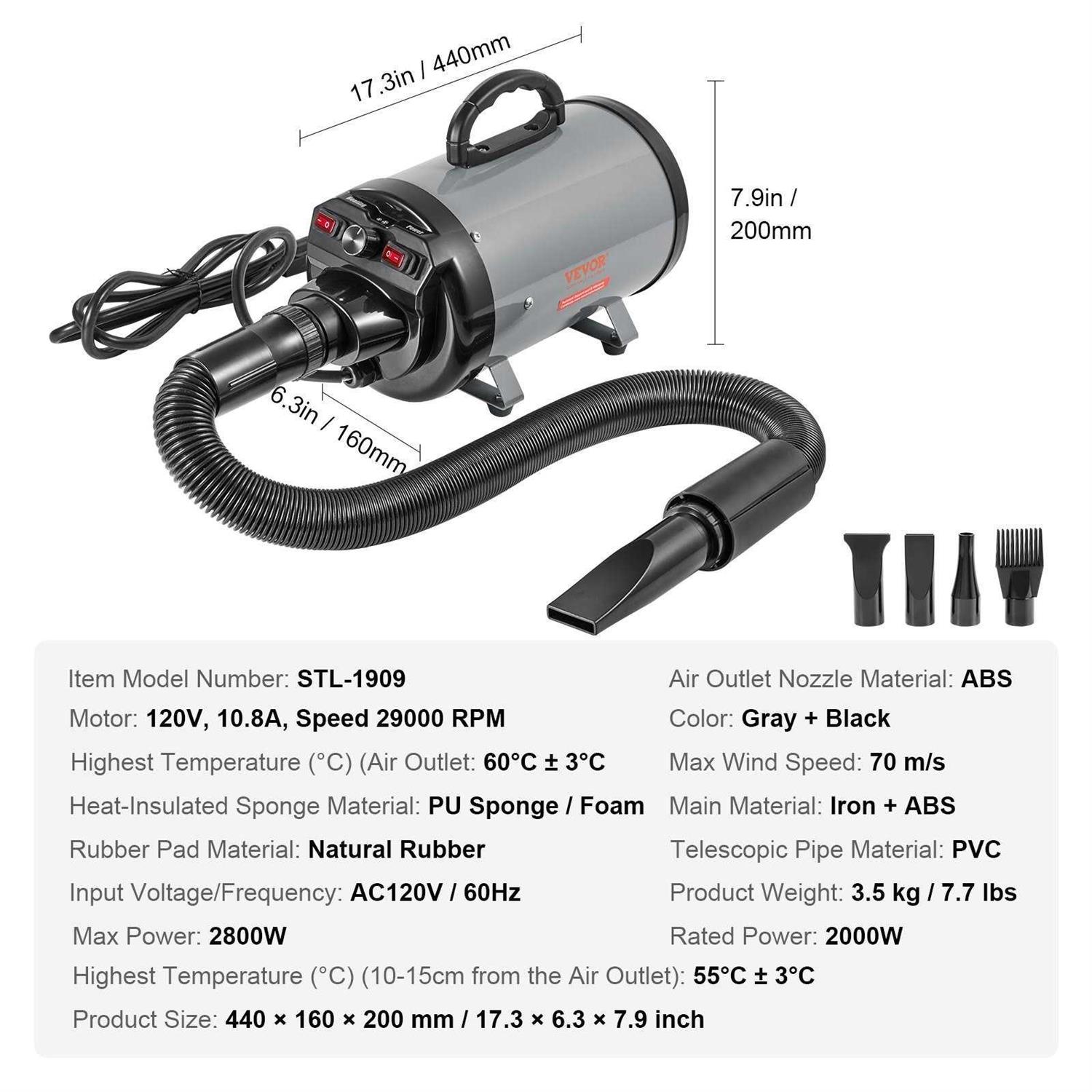 VEVOR Dog Dryer 2000-Watt Pet Grooming Dryer with Adjustable Speed and Temperature Control Pet Hair Dryer with 4 Nozzles - Pet Supplies online store