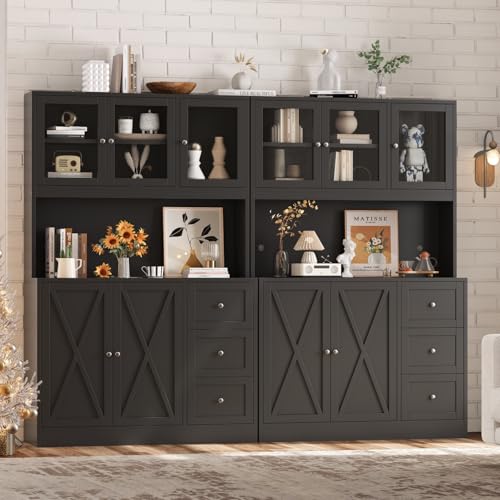 Irontar 70.9'' Kitchen Pantry Cabinet, Kitchen Hutch with Microwave Stand & Charging Station, Farmhouse Tall Storage Cabinet with Countertop, Bar Cabinet with Drawer and Glass Doors, Natural CWG011ME