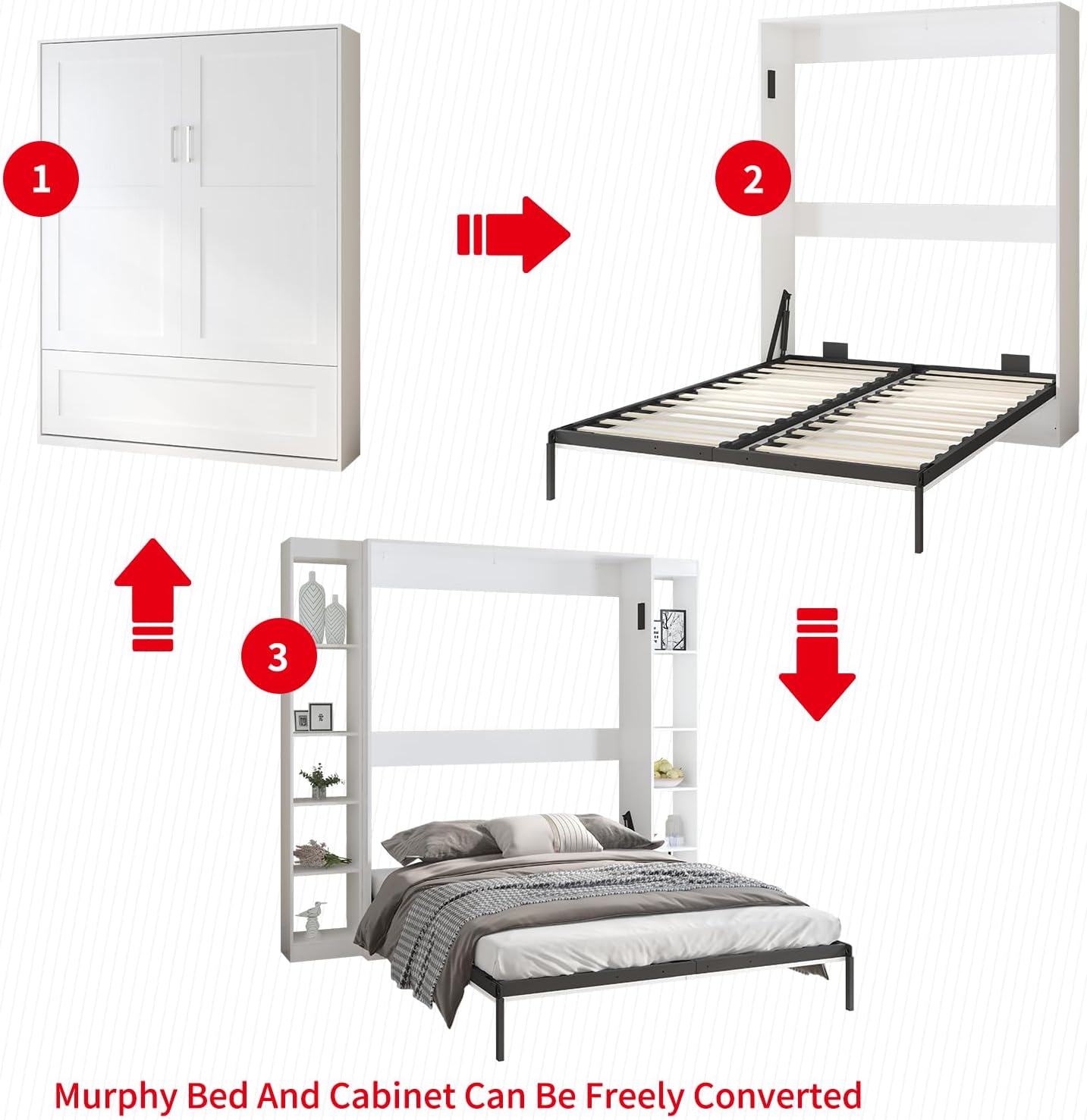 MUZZ Murphy Bed with Wardrobe，Murphy Cube Cabinet Bed with Space Saving Design，Modern Foldable Wall Bed with 2 Side Cabinet, Fold Up Murphy Bed Cabinet for Guest Room，Bedroom（White）