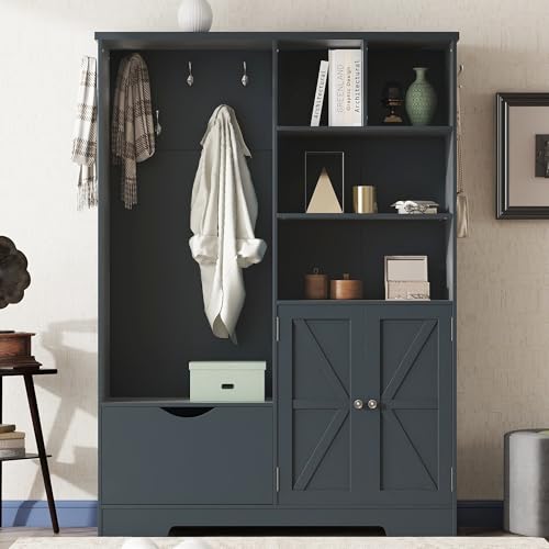 Hall Tree with Bench and Shoe Storage, Multi-functional Hall Tree with Storage Shelves Drawers and Cabinet, Modern Coat Rack with Hooks for Hallway Entryways (Antique Blue)