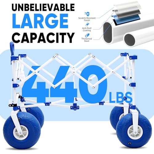 Heavy Duty Beach Wagon with 9" Big Sand-Proof Wheels – 440lb Capacity, Sekey 200L Oversized Foldable Cart | Adjustable Handle & All-Terrain Tires for Sand, Camping, Groceries. Blue&White