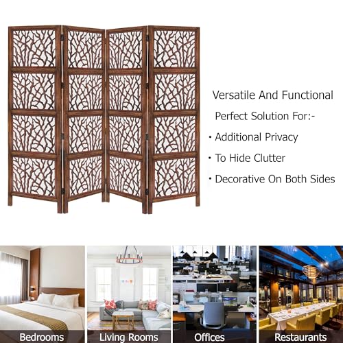 Room Divider Wood Screen - Ghanti Bells Antique Brown - 4 Panel Folding 72 x 80 - Assembled Hand Carved Decorative Functional Versatile Portable Partition Reversible Privacy Boho - COTTON CRAFT