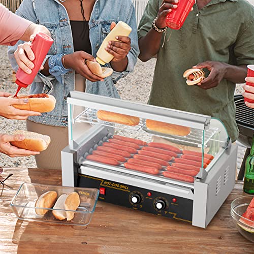 VEVOR Hot Dog Roller, 12 Hot Dog Capacity 5 Rollers, 750W Stainless Steel Cook Warmer Machine with Dual Temp Control, LED Light and Detachable Drip Tray, Sausage Grill Cooker for Kitchen Restaurant