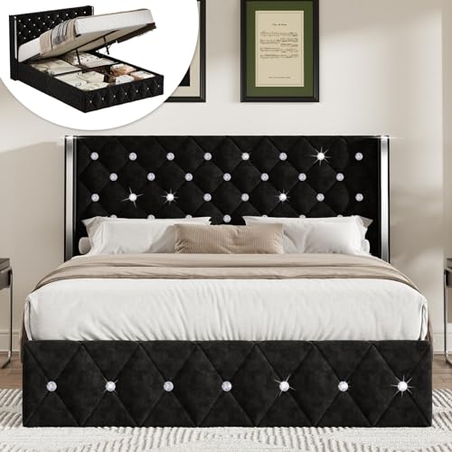 HOMBCK Full Size Lift Up Storage Bed Frame, Modern Bed Frame with Diamond Headboard, Velvet Bed Frame with Sliver Wingback, Hydraulic Storage, No Box Spring Needed, Black