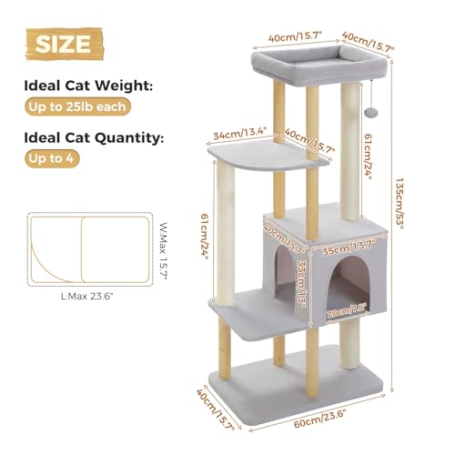 PAWZ Road Large Cat Tree, 73 Inches Tall Wooden Cat Tower with 2 Spacious Hammocks,2 Big Top Beds,8 Fully Scratching Posts and Natural Wood Posts, Multi Cat Tree for Indoor Cats Large Adult-XL