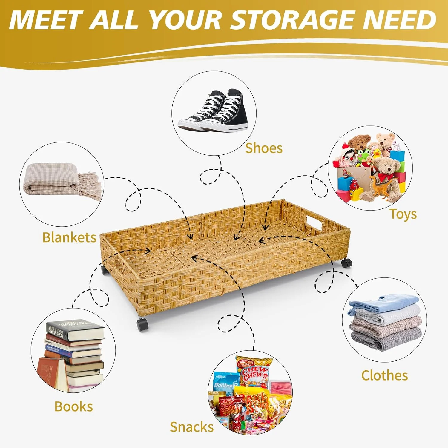 Under Bed Storage Containers with Wheels, 2 Pack 31.5in / 35L Handmade Rattan Underbed Organizer Drawer, Tool-free Assembly Rolling Under Bed Storage Bins for Shoes Clothes Toy Book