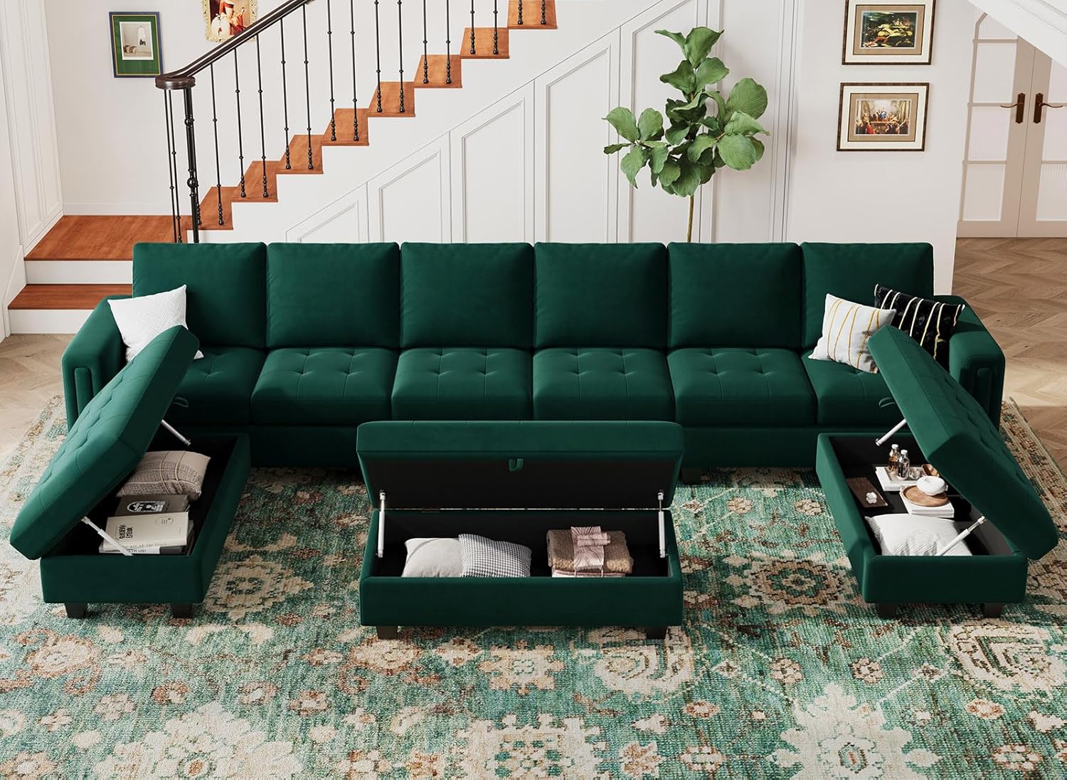 Belffin Velvet Storage Oversized Ottoman Module Bench Oversized Rectangular Ottoman for Modular Sectional Sofa Green