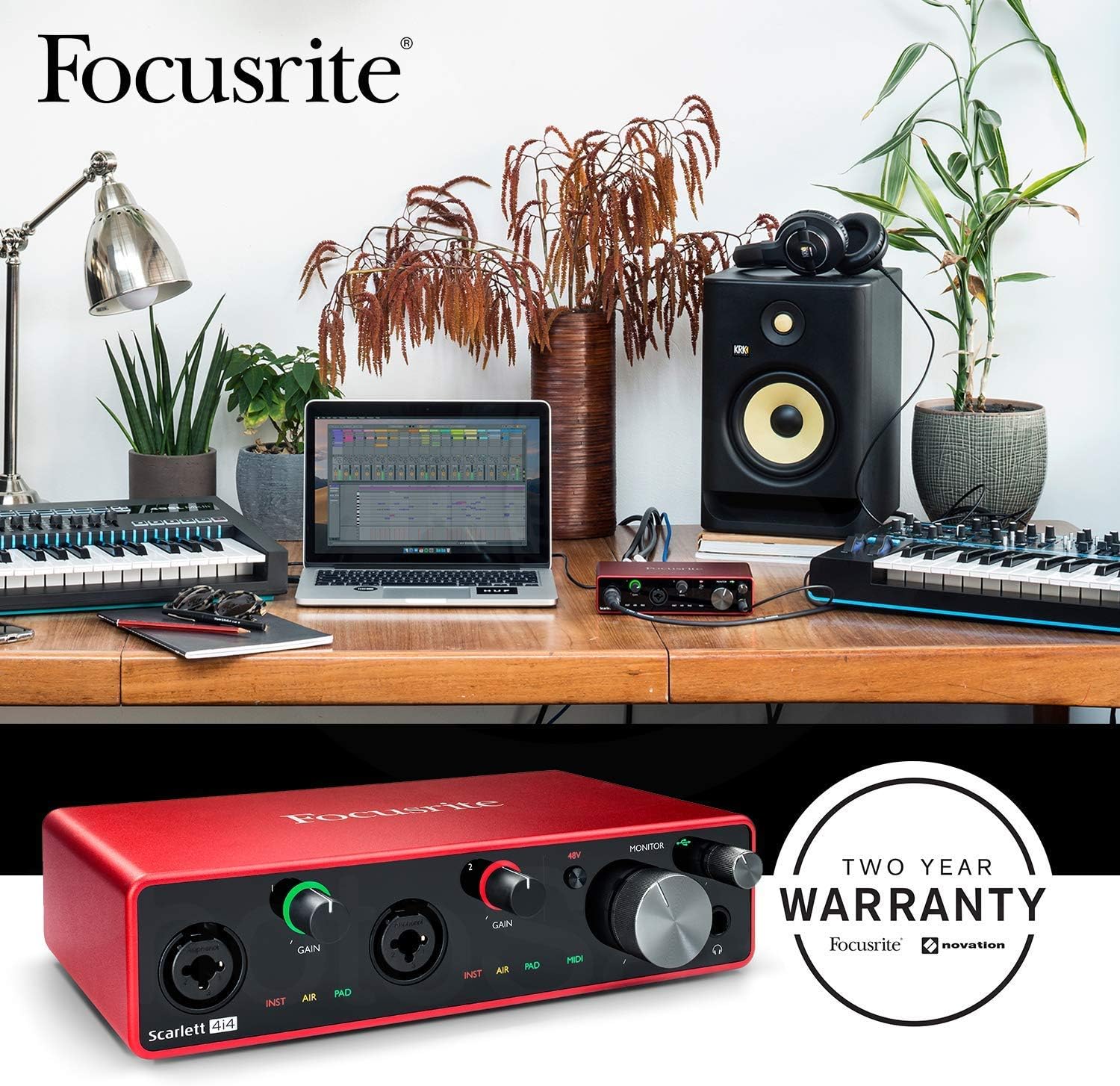 Focusrite Scarlett 4i4 USB Audio Interface (3rd Generation) + Tascam TM-80 Studio Condenser Microphone, Samson SR850 Stereo Headphones, Xpix Pop Filter, Cables and Professional Accessories