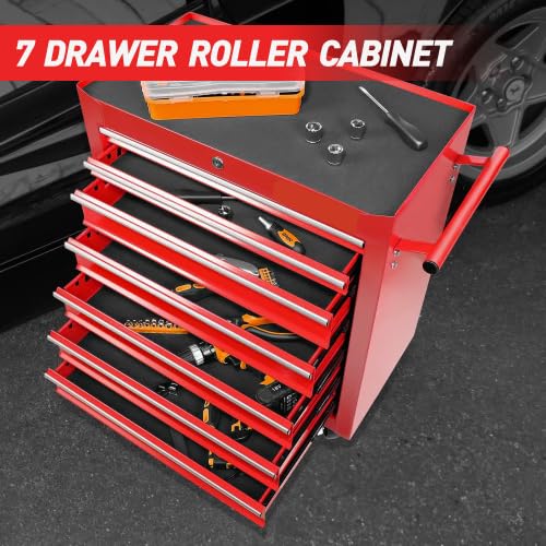 7-Drawer Rolling Tool Chest with Wheels, Heavy Duty Steel Tool Cart for Garage & Workshop, Lockable Storage Cabinet with Brake Casters & Ball Bearing Drawers, Black