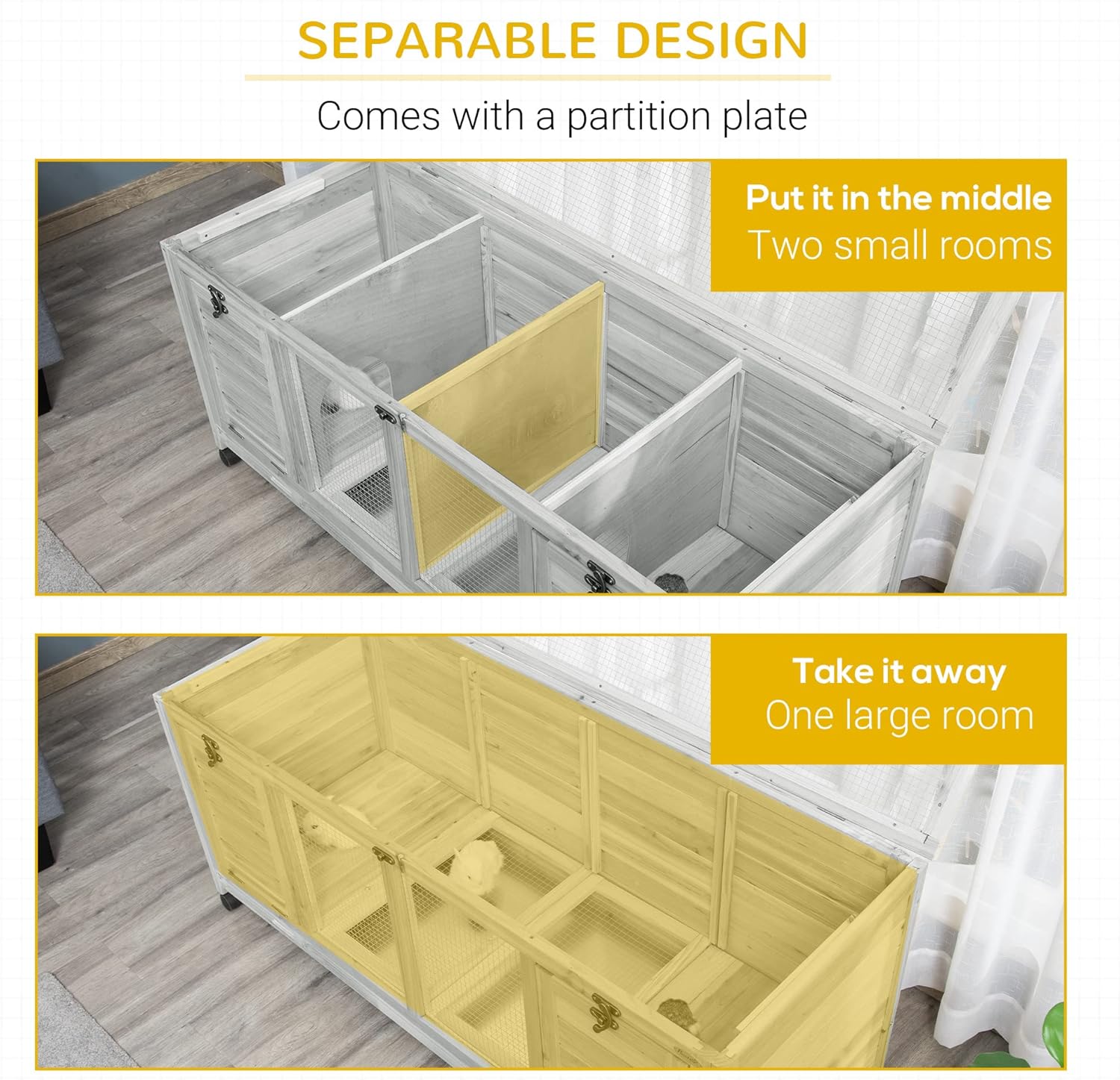 Wooden Rabbit Hutch, Bunny Cage with Wheels, Dividers, Openable Roof, Removable Trays, Small Animal Cages for 1-2 Rabbits, Indoor Outdoor Use, Light Gray