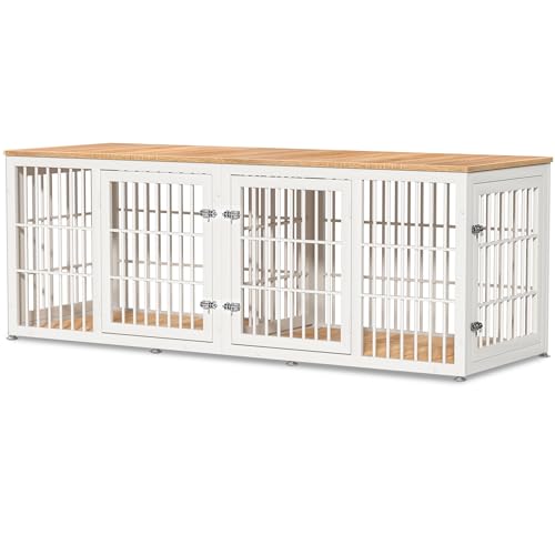 48 Inch Heavy Duty Dog Crate Furniture for Large Dogs, Decorative Pet House End Table, Extra Large Wooden Cage Kennel Furniture Indoor, Natural and White
