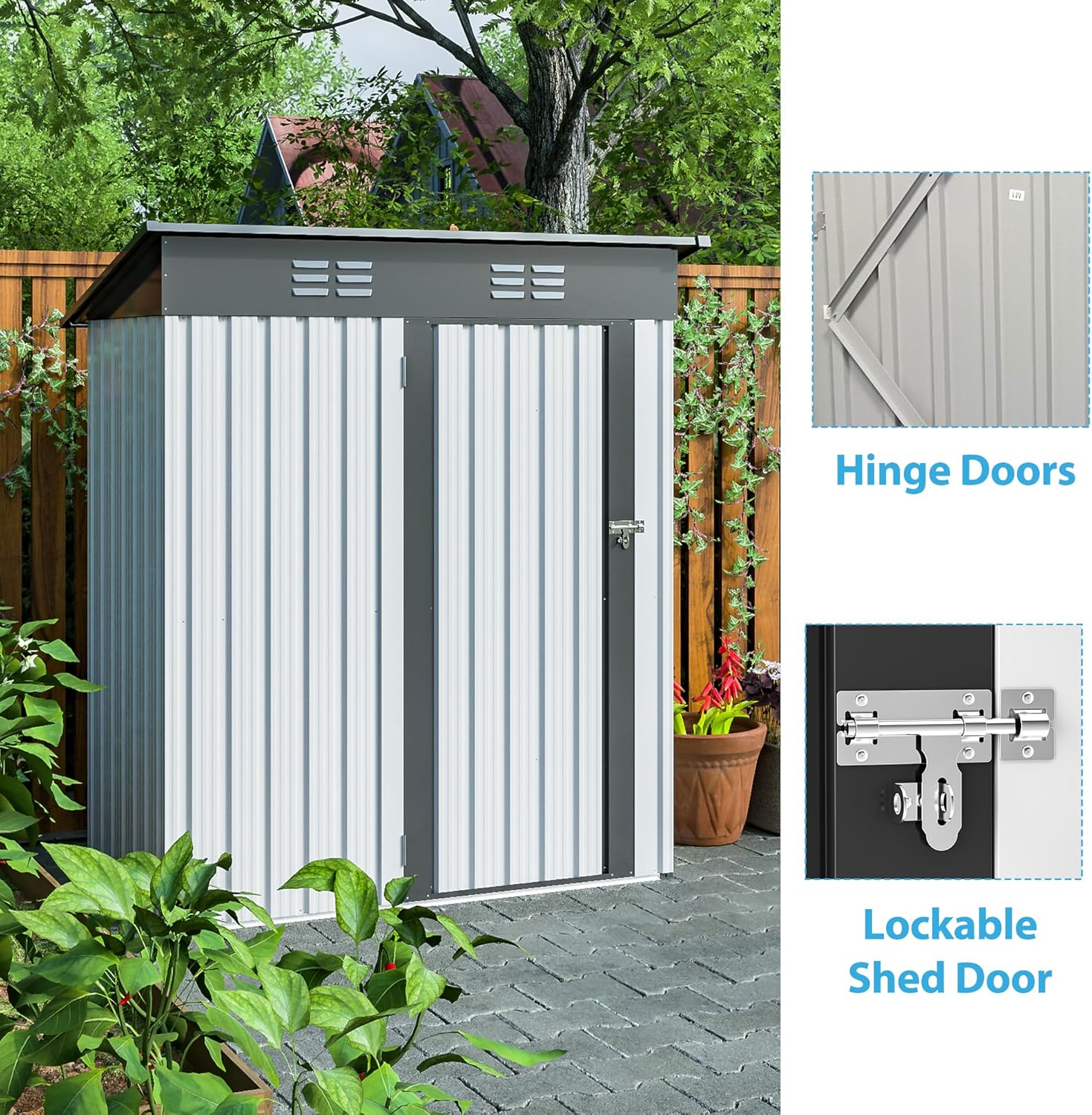 Metal Storage Shed 5x3 FT, Metal Utility Tool Sheds & Outdoor Garden Storage Cabinet with Latches and Lockable Doors for Patio Furniture, Backyard, Lawn, Meadow, Farmland