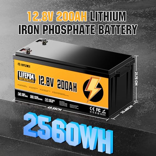12V 200Ah LiFePO4 Battery, Built-in 200A BMS, 15000 Deep Cycles, 2560Wh,Low Temp Protection Lithium Iron Phosphate Battery for Home Energy, RV, Trolling Motor, Marine, Solar, Off-Grid