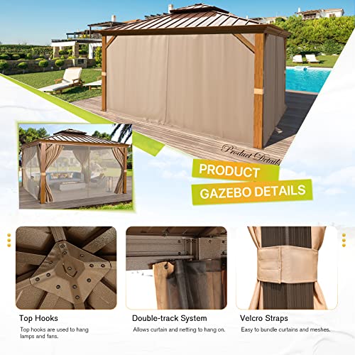 MELLCOM 12'x16' Hardtop Gazebo, Galvanized Steel Metal Double Roof Canopy with Curtains and Netting, Brown Permanent Pavilion Gazebos with Aluminum Frame for Garden, Patio, Lawns, Deck