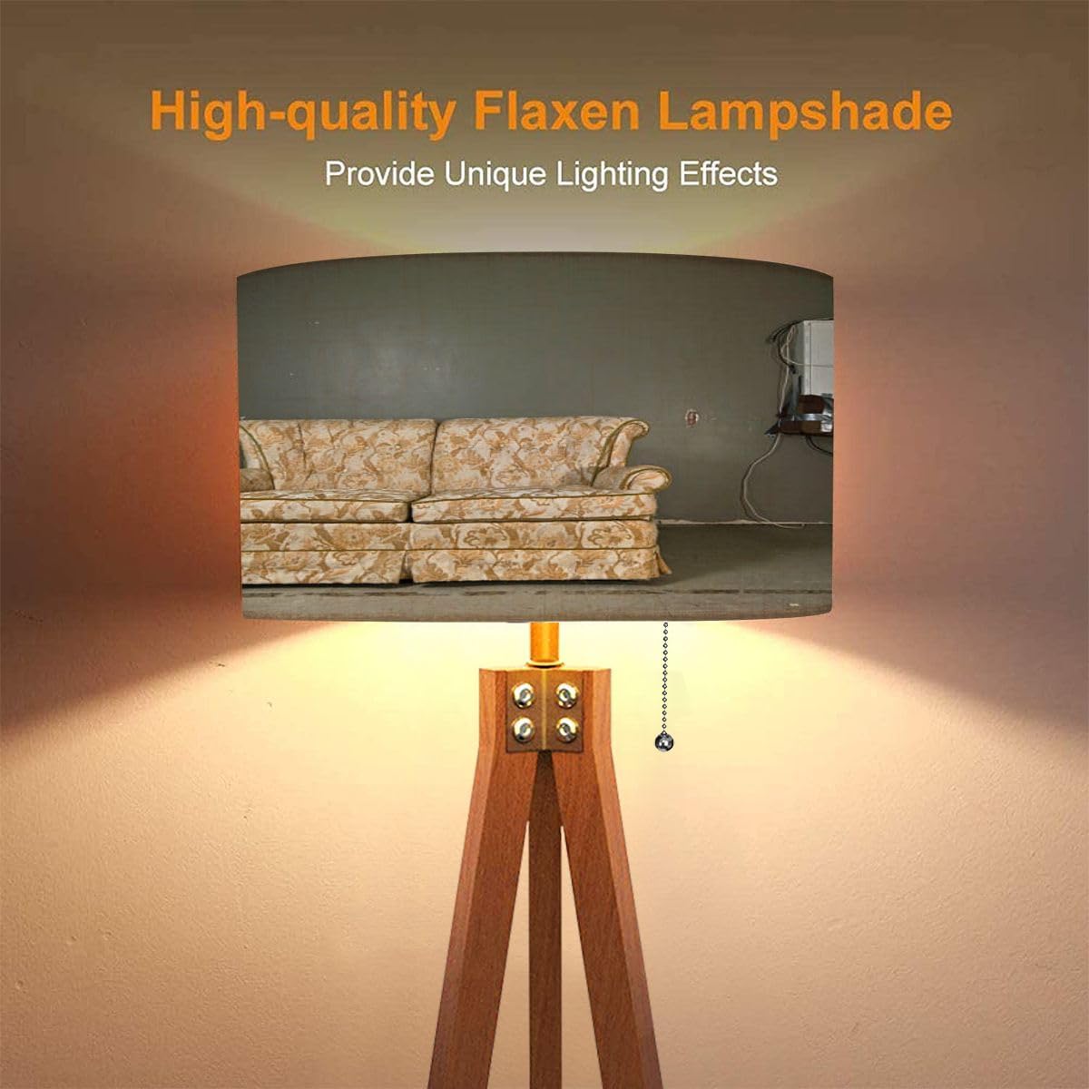 Wood Tripod Floor Lamp derelict couch Modern Standing Lamp Linen Lampshade Dimmable Tall Lamp Mid Century Floor Lamp for Living Room Bedroom