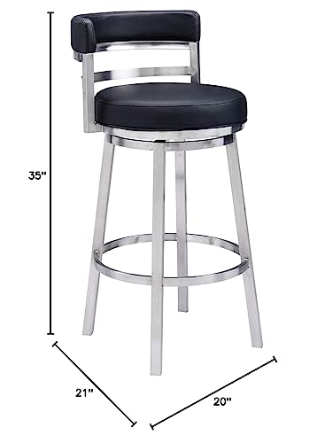 Armen Living Madrid 26" Counter Height Swivel Modern Gray Faux Leather and Brushed Stainless Steel Bar Stool for Kitchen Island Counter