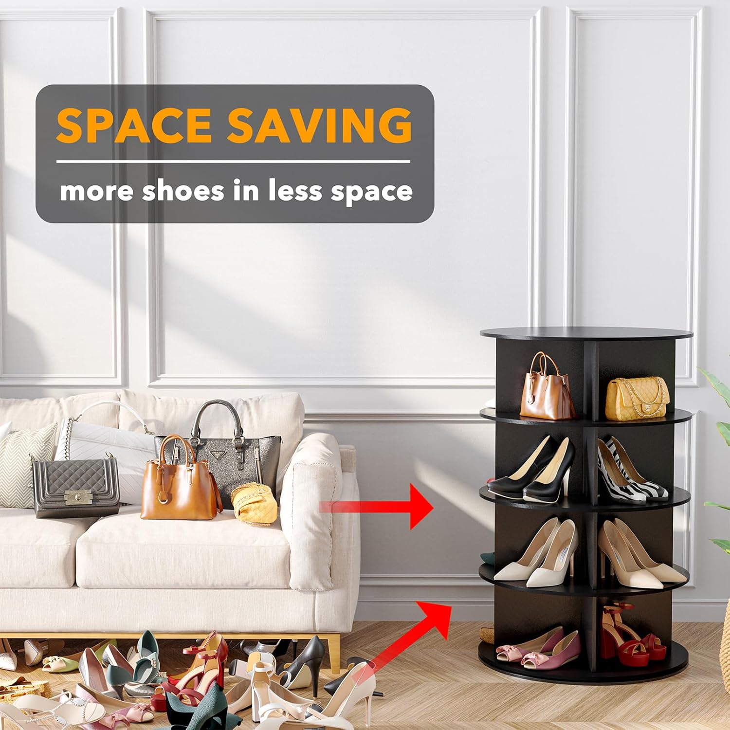 SpaceAid 4 Tier Rotating Shoe Rack Tower, Spinning Shoe Display Lazy Susan, Revolving 360 Shoe Rack Storage Round Carousel, Vertical Handbag Rotate Shoes Closet Organization (4-Tier Black)
