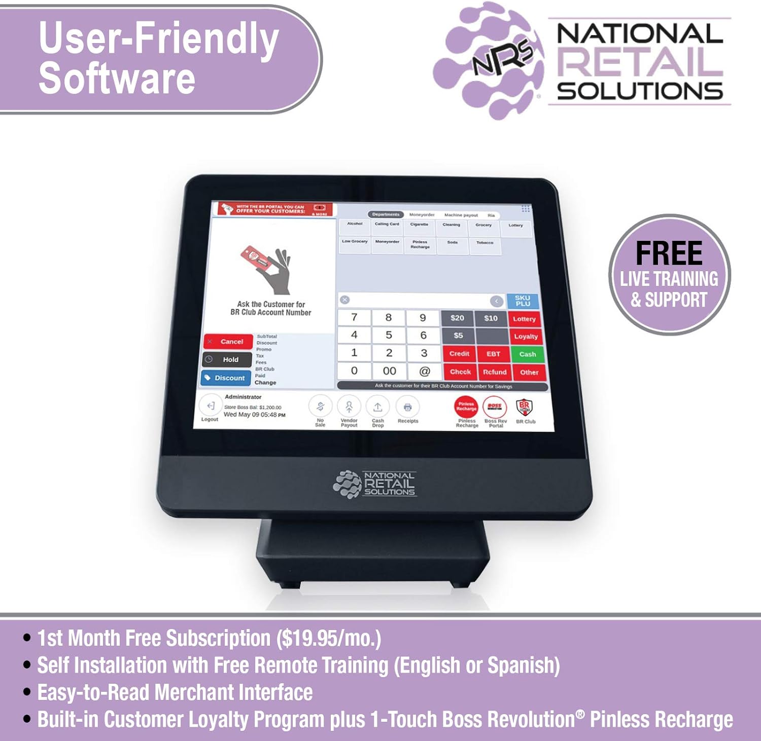 NRS LITE Cash Register for Small Businesses (USA ONLY) - POS System Bundle Includes - Merchant Touch Screen Monitor with Customer-Facing Display, Barcode Scanner & Thermal Receipt Printer
