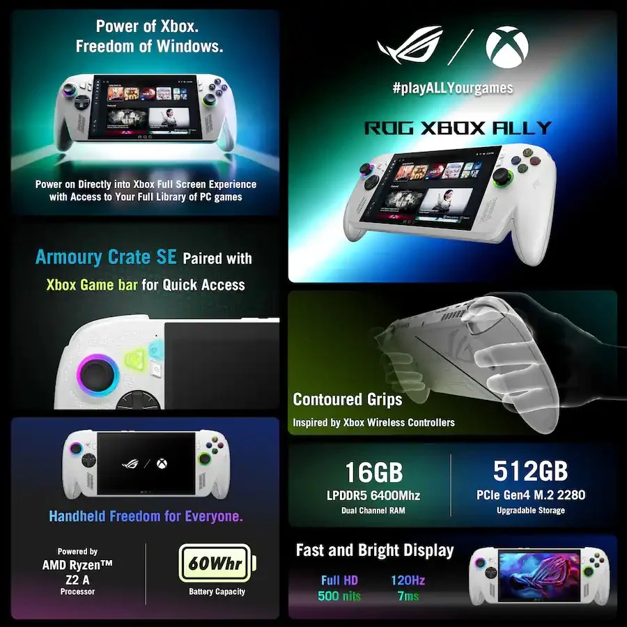 ASUS ROG Xbox Ally 7" FHD Gaming Handheld Console, 120Hz IPS LED Touch Screen, AMD Ryzen Z2 A Processor, 16GB with 512GB SSD, Windows 11, with 5ave 3-in-1 Kit
