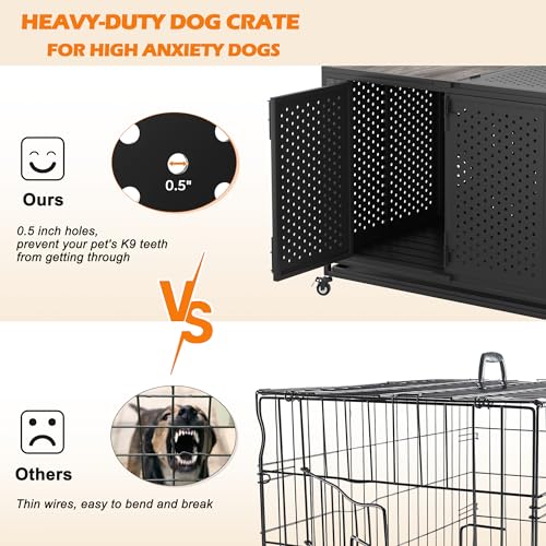 48" Heavy Duty Dog Crate Furniture for Extra Large Dogs, Enclosed Design with 0.5 inch Holes, Indestructible Metal Kennel for High Anxiety Dogs, Chew Proof Pet Cage House Indoor, Brown