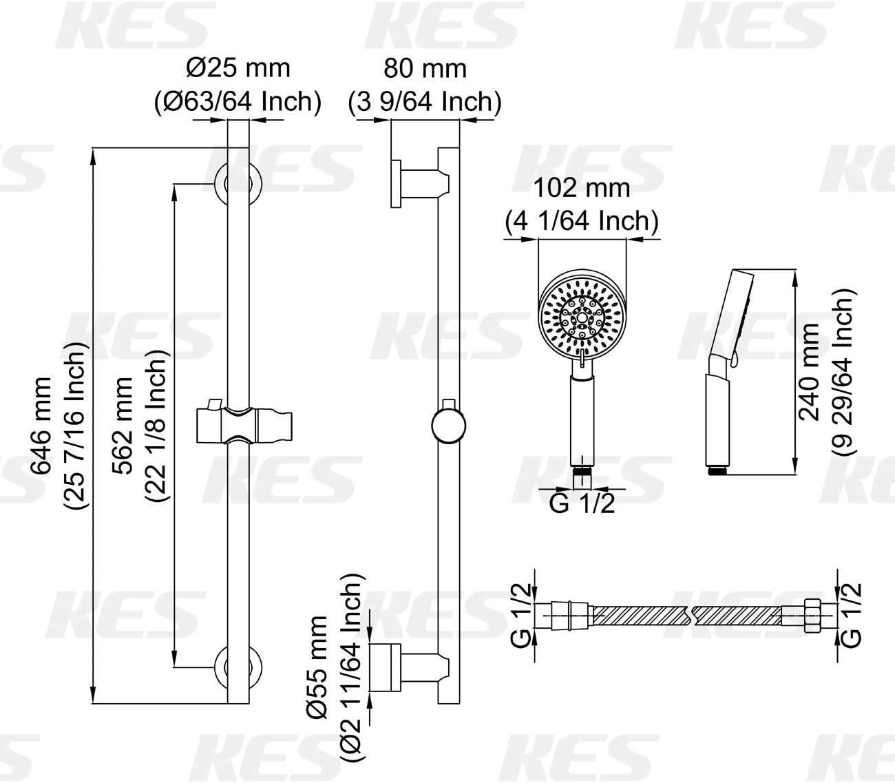 KES Slide Bar with Handheld Shower Head Hand Shower Hose Holder Adjustable 5-Function Massaging Sprayer Brushed Finish, F204-BS+KP501B-BN Pack of 2