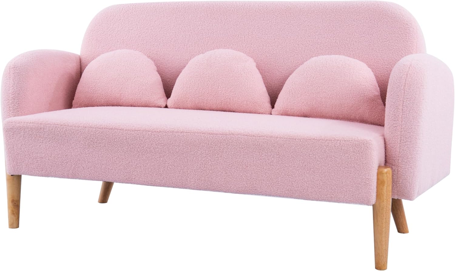 59" Sofa Loveseat with 3 Lumbar Pillows, Mid Century Modern Teddy Fabric Velvet Mini Couch for Living Room, Accent Sofa&Couches with Wood Leg Feet for Home Offices Bedroom, Pink