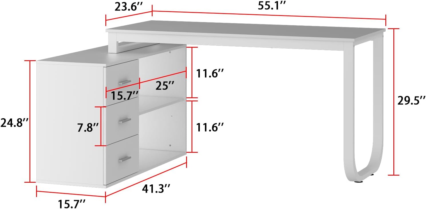 Homsee White L-Shaped Computer Desk with 3 Drawers and 2 Shelves for Writing Study Work Executive, 55 Inch Bedroom Wood Table Workstation Desk with Storage Cabinet