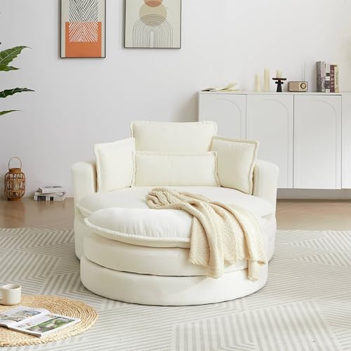 DEINPPA Modern Accent Barrel Sofa Swivel Barrel Chair with Storage Ottoman, Sofa Club Lounge,Sherpa Fabric Round Chair with 3 Pillows Soft Cushions for Living Room (White+Sherpa Fabric+Sponge)