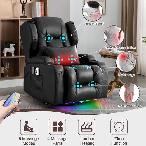 TUNYI Power Recliner Chair Velvet Fabric Home Theater Seating Glider Reclining Sofa with Massage & Heat Swivel Rocker Recliner Chair for Living Room with LED Light/USB Port/Lumbar Pillow (Brown)